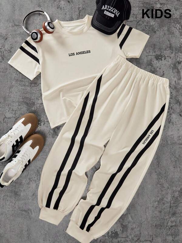 PAVTROS 2 pièces Ensemble t-shirt imprimé col rond décontracté et pantalon de jogging avec design sur le côté pour garçons, convient pour le quotidien, l'extérieur et les déplacements, printemps/été