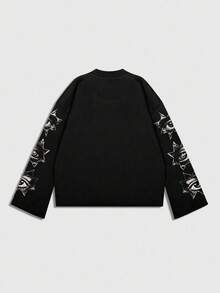 ROMWE MEN Grunge Punk 男士复古人物图案宽松短款长袖T恤，适合秋季，2000年代风格 - 黑色 - 查看 2