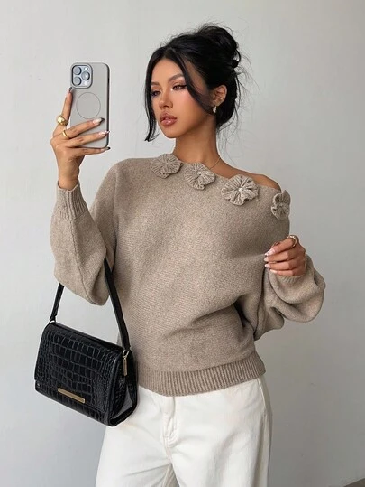 Elenzga Women's Elegant Floral Rhinestone Decor Asymmetric Shoulder Solid Color Sweater