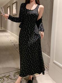 DAZY 碎花睡裙及纽扣门襟上衣睡衣套装，女士秋冬服装 - 黑色 - 查看 5