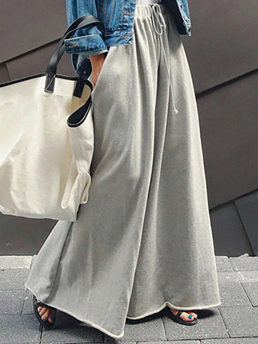 INAWLY Pantalon décontracté ample à cordon de serrage et poches, couleur unie, grandes tailles - Gris - Voir 1