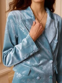 Omancia 女士时尚浪漫优雅天鹅绒烂花玫瑰镂空休闲西装外套 - 藍色 - 查看 6