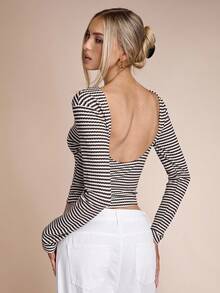 SHEIN BAE Women's Contrasting Striped Backless Long-Sleeved T-Shirt, Autumn Women's Clothing, Winter Women's Clothing, Apricot Striped Women's Tops, Going Out Tops, Striped Off-The-Shoulder Tops, Women's Casual Tops, Long-Sleeved T-Shirts,Winter Clothes,Sexy Top, Thanksgiving Shirt - Coffee Brown - View 1