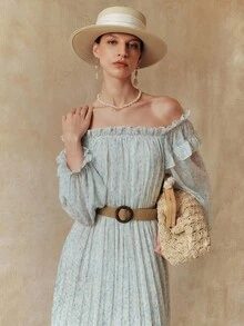 Arave Women's Off Shoulder Chiffon Pleated Maxi Dress, Flowing And Romantic