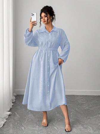 SHEIN CURVE+ 条纹花卉印花弹力领长袖连衣裙，加大码，适合春、夏、秋季