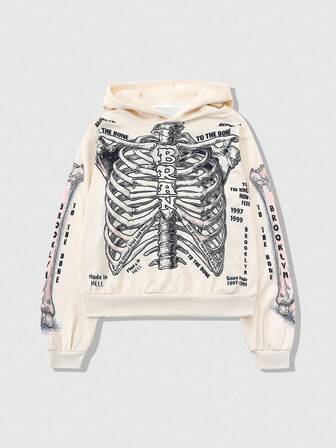 Goth Sudadera con capucha de esqueleto para hombre, sudadera con capucha de doble capa de manga corta, elemento de esqueleto de Halloween, otoño e invierno