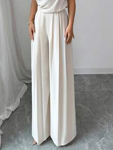 SHEIN Clasi Quần ống rộng xếp ly màu trơn đơn giản cho nữ - Màu be - Xem 5