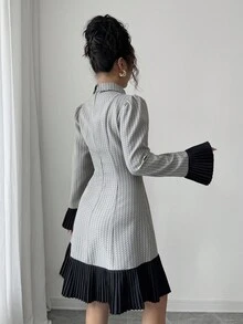 Elenzga Peplum Hem Splice Long Sleeve Short Dress Fall Cloth For Women - Black and White - View 2