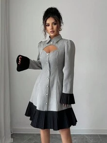 Elenzga Peplum Hem Splice Long Sleeve Short Dress Fall Cloth For Women - Black and White - View 7