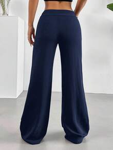 SHEIN EZwear 加大码蓝色休闲高腰直筒裤女式阔腿裤海军蓝裤子 - 藍色 - 查看 8