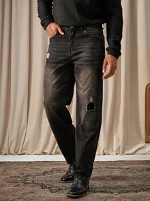 Manfinity Homme 男士复古休闲直筒牛仔裤，四季皆宜 - 黑色 - 查看 6