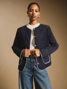 Poéselle 女式格子袖口圆领单排扣休闲冬季夹克