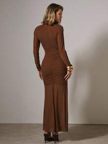 COSMINA Women's Elegant Party Banquet Ruched Mesh Dress, Autumn/Winter - Brown - View 2