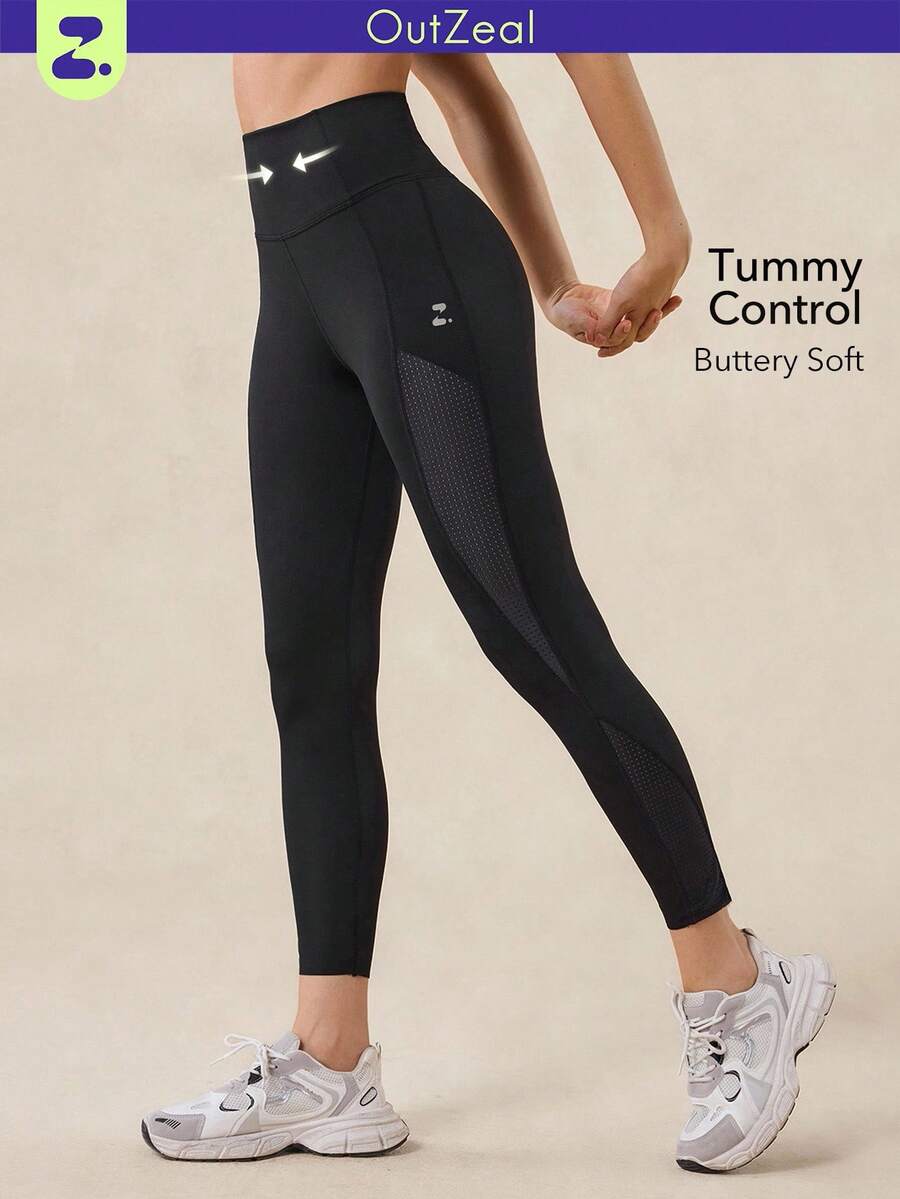 OutZeal Women Outdoor Black Leggings Running Gym Outfit Quick-Drying Mesh Design Tummy Control High-Waist With Back Pocket