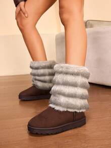 Daringsoles Giày bốt đế bằng mềm mại ấm áp thời trang dễ thương, thoải mái, đa năng và phong cách, lót dày, cao đến giữa bắp chân, cá tính, chống thấm nước, phù hợp cho hoạt động ngoài trời - Xám - Xem 9