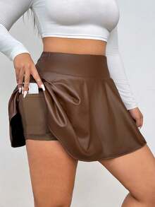 SHEIN EZwear Quần short mini da giả màu nâu cà phê cỡ lớn cho nữ, có quần short và túi tích hợp - Cà phê nâu - Xem 3