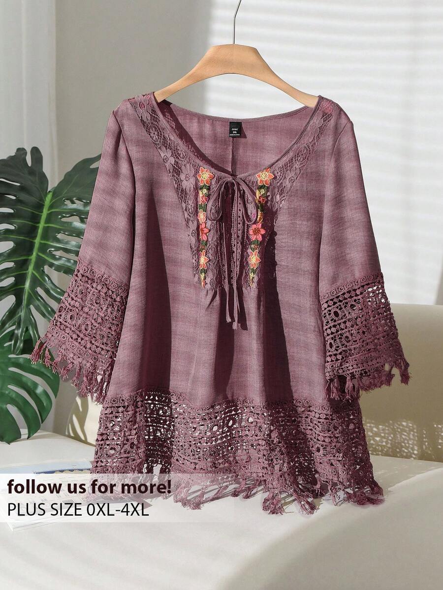 CosyJoli 大码女式花卉蕾丝拼布前系带七分袖宽松时尚衬衫 - 藕粉色 - 查看 1