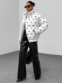 EURMUSE Heart Print Stand Collar Casual Jacket, Winter - White - View 3