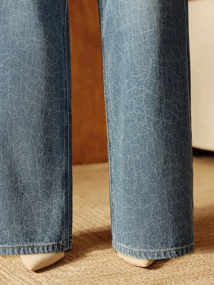 SHEIN X Jwoww Anewsta Women's Faux Crocodile Skin Pocket Loose Straight Leg Jeans, Suitable For Daily Wear, Office And Commuting - Blue - View 6