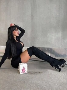 CUCCOO SZL Women's Square Toe Thick High Heel Embroidered Dragon Pattern Black Suede Elastic Fashionable Minimalist Super High Over-The-Knee Boots With Zipper For Christmas - Black - View 3