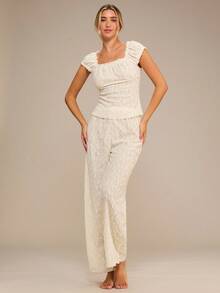 Enchnt Ladies Lace Trim Puff Sleeve Jacquard Casual Pajama Set - Apricot - View 4