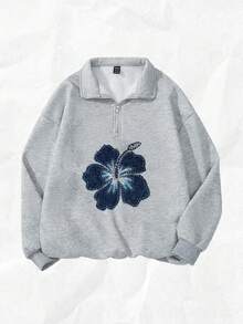 SHEIN Attitoon 女士宽松半拉链芙蓉花印花别致高领羊毛衫，适合秋冬季街头、外出和机场穿着 - 灰色 - 查看 9
