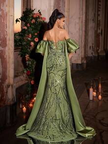 Glamrae Elegant Multi-Color Grass Green Luxurious 3D Beaded Sequined Tube Top Mesh Fishtail Evening Dress With Detachable Lantern Sleeves For Weddings,Parties - Olive Green - View 5