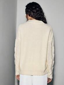 Lumivelle Women's Elegant Crew Neck Cable Knit Long Sleeve Sweater, Autumn/Winter - Apricot - View 2