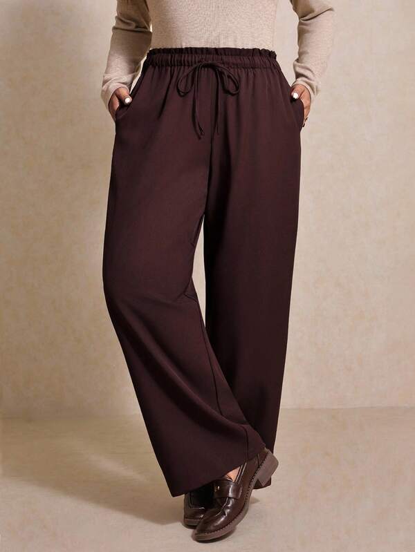 Elaquor Plus Size Casual Solid Color High Waist Straight Leg Pants