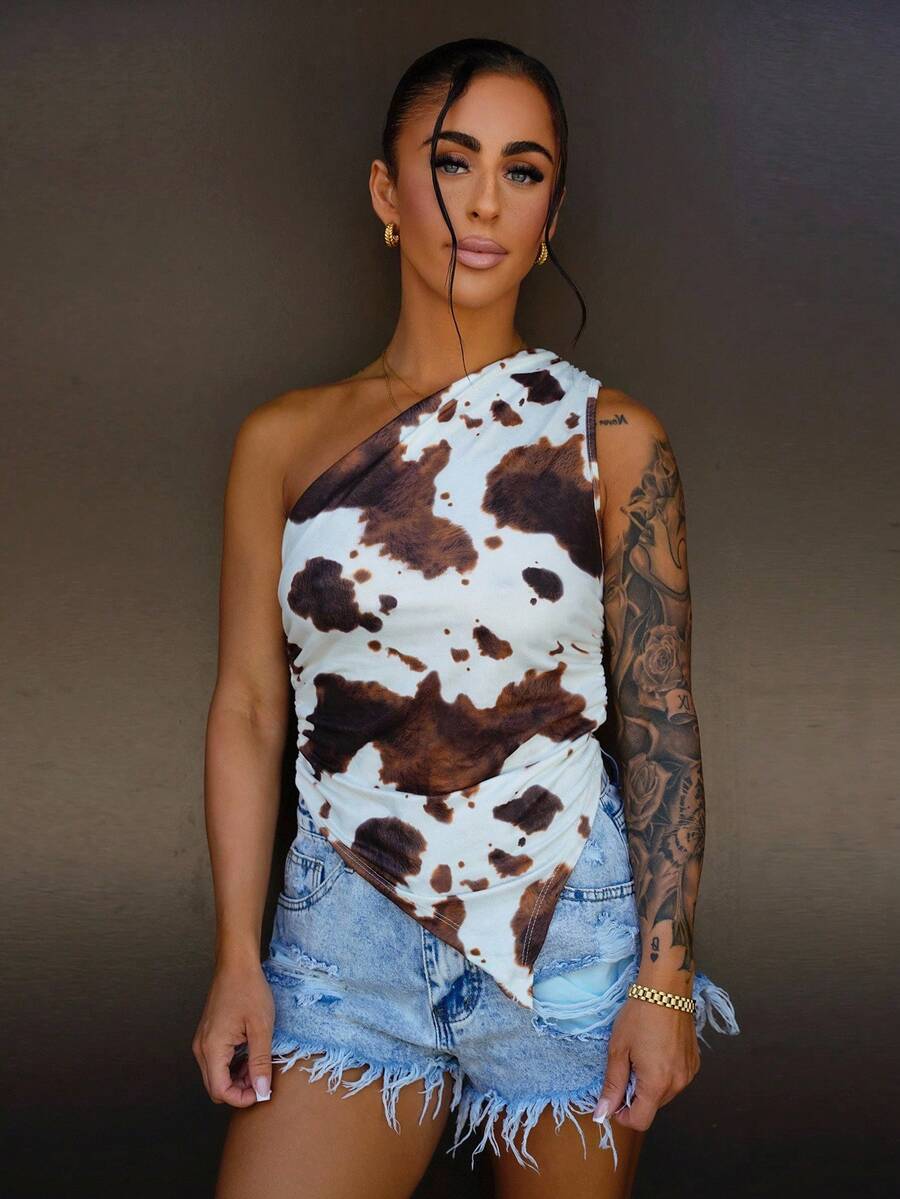 SAYEHFBABY Women's Casual Vacation Western Cow Print Blouse, Suitable For Beach, Wedding Guest, Graduation, Brunch, St. Patrick's Day, Spring Break, Easter, Music Festivals, Elegant Bohemian, Tropical, Off-Shoulder Top, Spring/Summer,Rave Top - Rust Brown - View 1