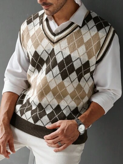 Manfinity Homme 男士菱形图案拼色V领针织毛衣背心，男士钩针套装无袖毛衣，男士针织上衣，男士套头衫，秋冬
