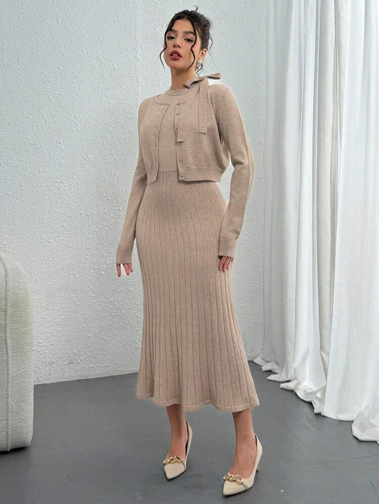 2pcs Women Solid Color Knit Casual Fitted Sweater Set