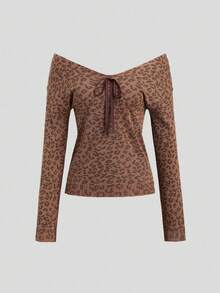 Sweetra Y2K Bowknot Plunging V-Neck Leopard Print Slim Fit Knitted Sweater For Women - Multicolor - View 1