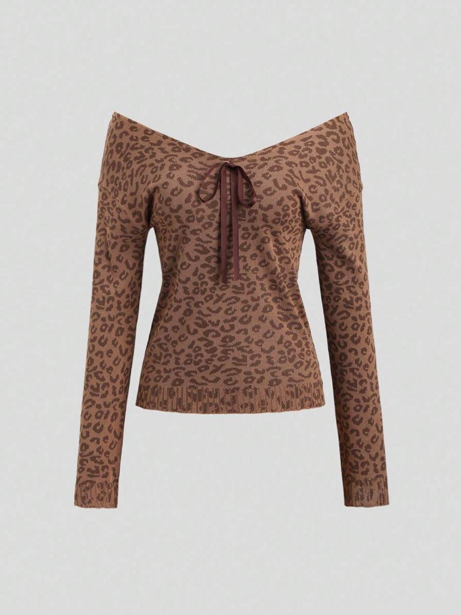 Sweetra Y2K Bowknot Plunging V-Neck Leopard Print Slim Fit Knitted Sweater For Women - Multicolor - View 1