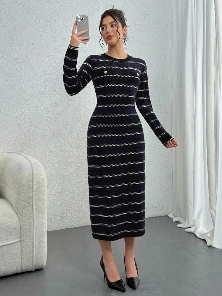 Women's Elegant Commuter Striped Button Decor Sweater Dress, Autumn/Winter