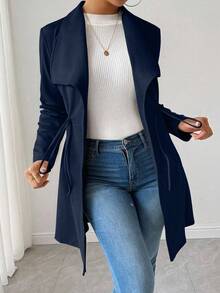 SHEIN LUNE Chaqueta casual y versátil de unicolor con cordón en la cintura - Azul Marino - Ver 3