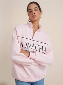 INAWLY 女式半拉链落肩宽松休闲运动衫 - 粉色 - 查看 6