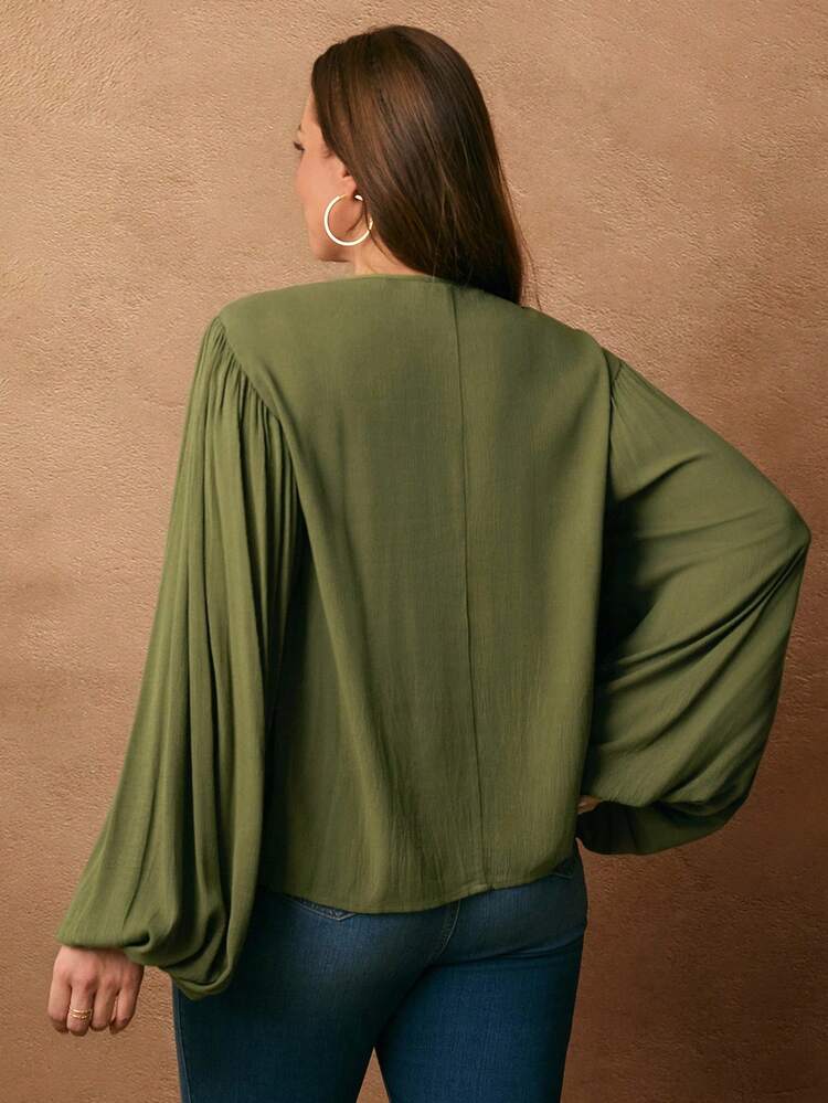 Plus Size Elegant Solid Color Lace Patchwork Tie-Up V-Neck Blouse, , ,Plus Size  Elegant Casual,Spring/Summer/Vacation