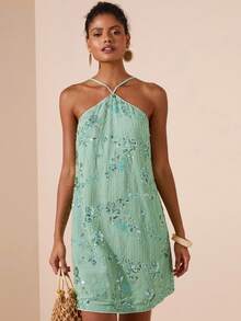 Travachic 女士性感露背系带亮片串珠装饰夏季海滩度假连衣裙 - 綠色 - 查看 1