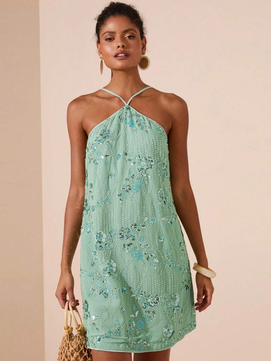 Travachic 女士性感露背系带亮片串珠装饰夏季海滩度假连衣裙 - 綠色 - 查看 1