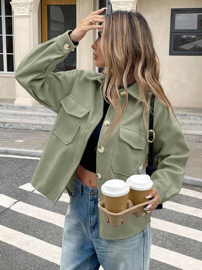 Serisse Abrigo de punto casual de mujer de unicolor con hombros caídos, mangas largas y bolsillos tipo cargo, para otoño e invierno. Abrigo de mujer casual de primavera/otoño con botones, bolsillos, cuello caído y ajuste regular en color verde liso para uso diario.