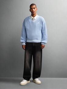 SUMWON Suéter de punto de cuello en V ajustado al Body estilo universitario preppy con costillas, invierno clásico con ribete de contraste, tejido ligero, moda liso - Azul - Ver 8