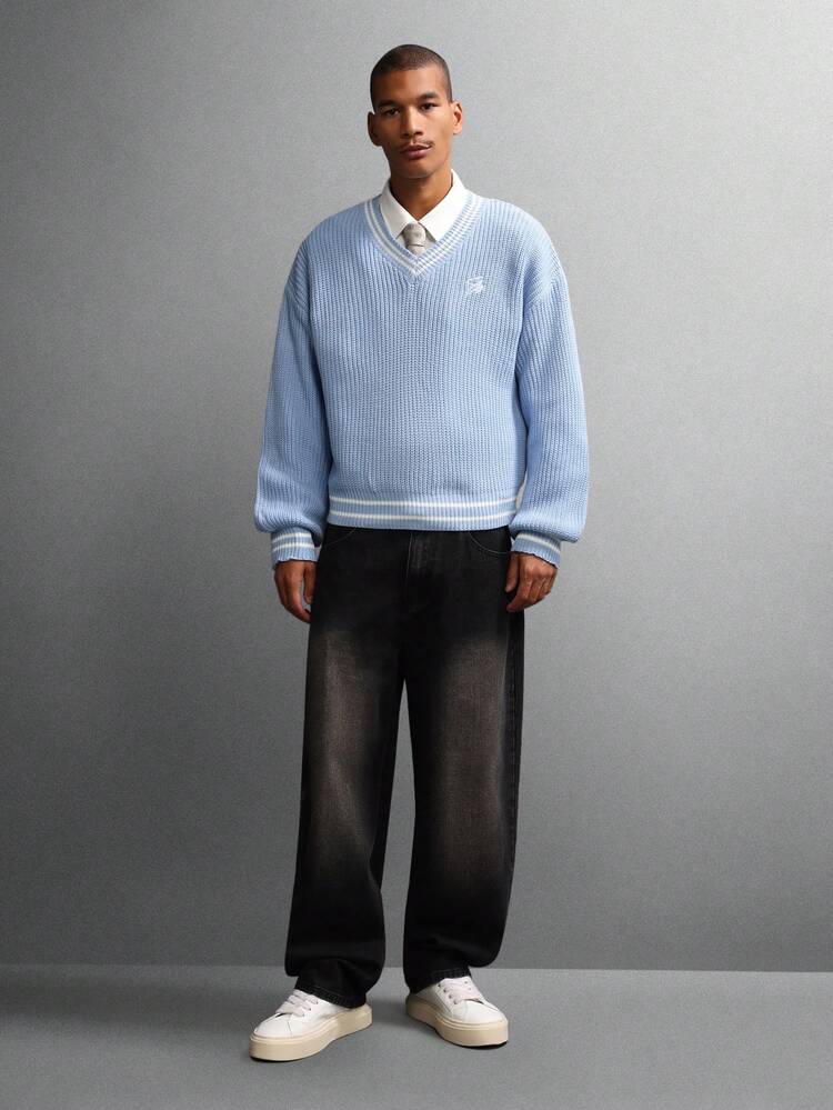 V Neck Knit Jumper With Ribbed Trim And Logo