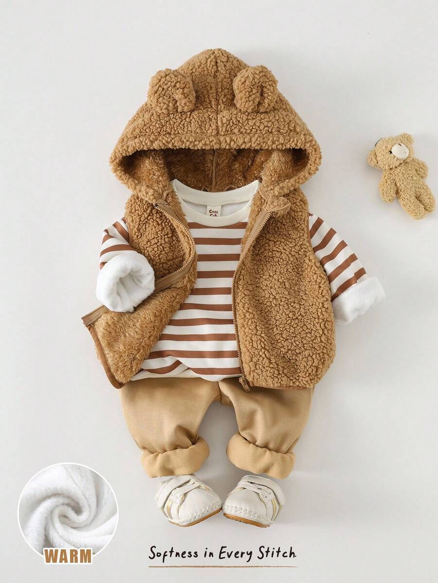 Cozy Pixies 3pcs Baby Boy Striped Knit Soft Crew Neck Long Sleeve Pullover Sweatshirt, Elastic Waist Pants, And Sleeveless Hooded Plush Vest Set Fall Winter - Khaki - View 1