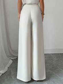 SHEIN Clasi Quần ống rộng xếp ly màu trơn đơn giản cho nữ - Màu be - Xem 2