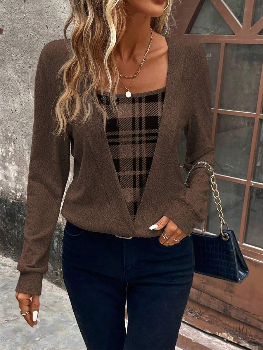 EMERY ROSE Women's Casual Plaid Patchwork Sweatshirt, Autumn,Fall - Coffee Brown - View 1