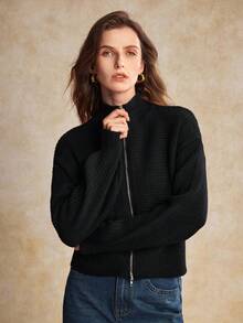 House of One Zip-Up Mock Neck Oversized Black Sweater Women Casual Autumn Winter