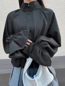 FRIFUL Women's Regular Collar Loose Flare Sleeve Short Hem Ruffle Patchwork Solid Color Casual Jacket, Gothic Style Fall/Winter - Grey - View 6