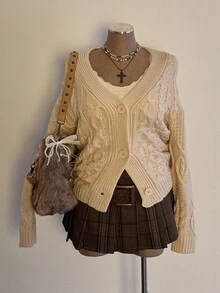 Sunspun Plus Size Women Casual Comfortable Drawstring Chunky Knit Cardigan With Front Button, Suitable For Spring, Autumn And Winter, Back To School Season Fall - Apricot - View 6