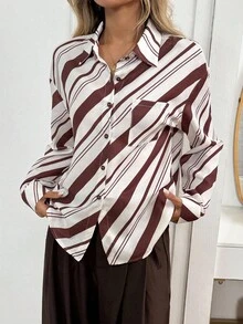 Easowa Asymmetrical Striped Print Casual Loose Commuter Vintage Style Women Shirt With Collar, Pocket, Button Front, Long Sleeve Striped Blouse Striped Shirt Diagonal Stripe Blouse Diagonal Stripe Shirt Office Blouse - Multicolor - View 3